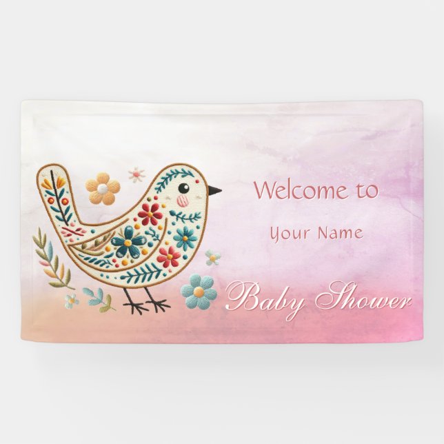 Little Bird Floral Pink Baby Shower Banner (Horizontal)