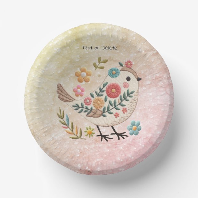 Little Bird Leaves Flowers Pink Paper Bowl Paper Plate (Front)