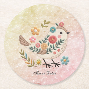 Little Bird Leaves Flowers Pink Paper Coaster