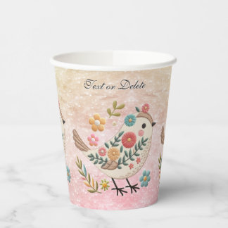 Little Bird Leaves Flowers Pink Paper Cups