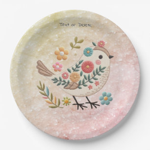 Little Bird Leaves Flowers Pink Paper Plate