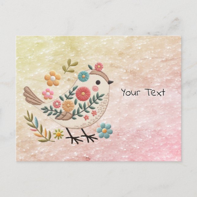 Little Bird Leaves Flowers Pink Postcard (Front)