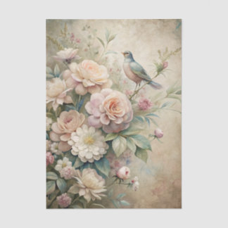 Little Bird Perched on Large Floral Bouquet Tissue Paper