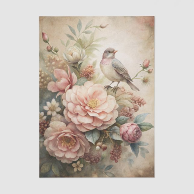 Little Bird Perched on Pretty Floral Bouquet Tissue Paper (Front)