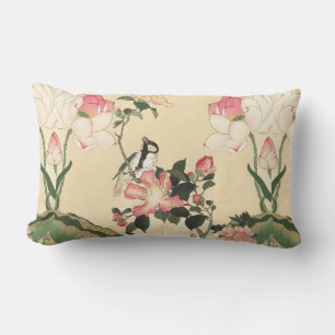 LITTLE BIRD WITH PINK ROSES AND LOTUS FLOWERS LUMBAR PILLOW