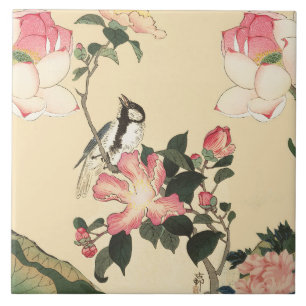 LITTLE BIRD WITH PINK ROSES AND LOTUS FLOWERS TILE