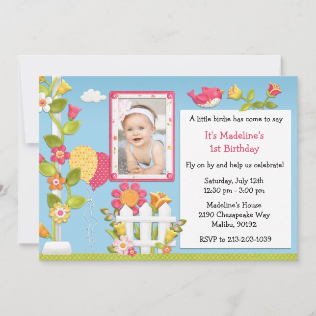 Little Birdie Birthday Party Invitation with Photo (Front)
