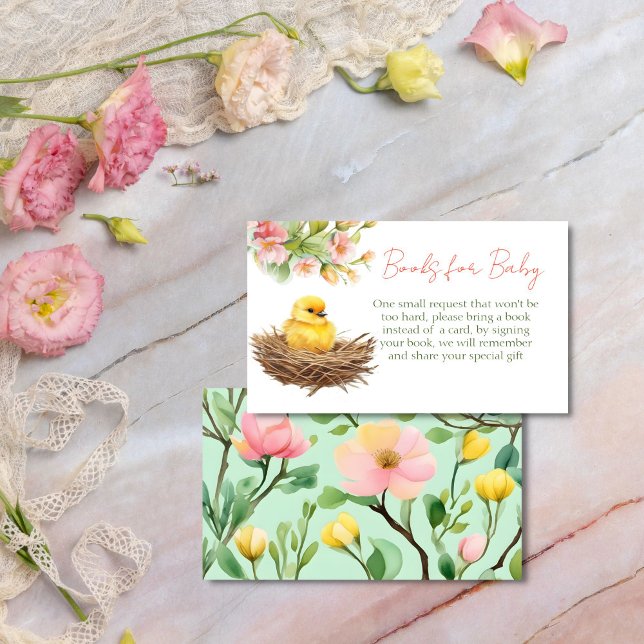 Little birdie hatching soon spring books request enclosure card (Little birdie hatching soon spring baby shower books request enclosure card books for baby card cute)