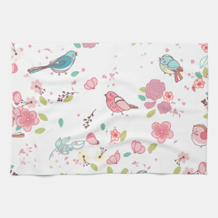 Little Birdie Pink and Blue Whimsical Girly Kitchen Towel