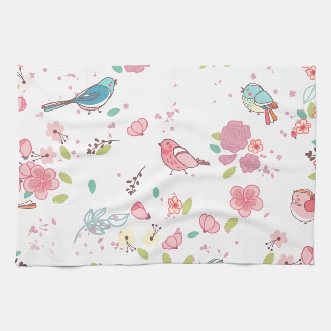 Little Birdie Pink and Blue Whimsical Girly Kitchen Towel (Horizontal)