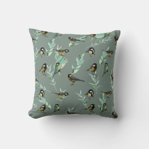 Little Birds on Branches Green Background Throw Pillow