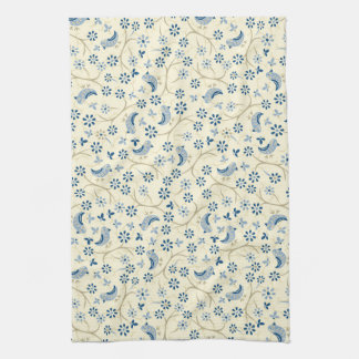 Little birds on twigs. retro, blue birds, cream, kitchen towel