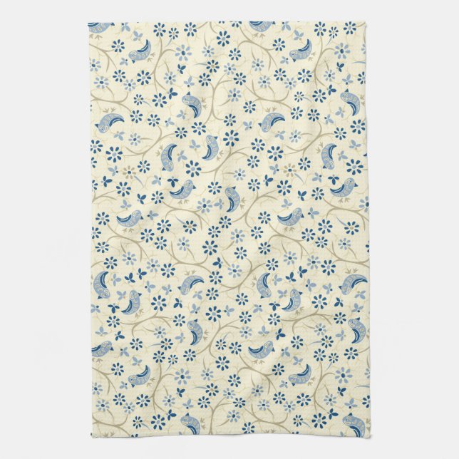 Little birds on twigs. retro, blue birds, cream, kitchen towel (Vertical)