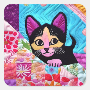 Little Black And White Kitten Quilt Like Design Square Sticker