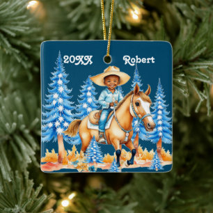 Little Black Boy On Horse Winter Scene Custom Name Ceramic Ornament