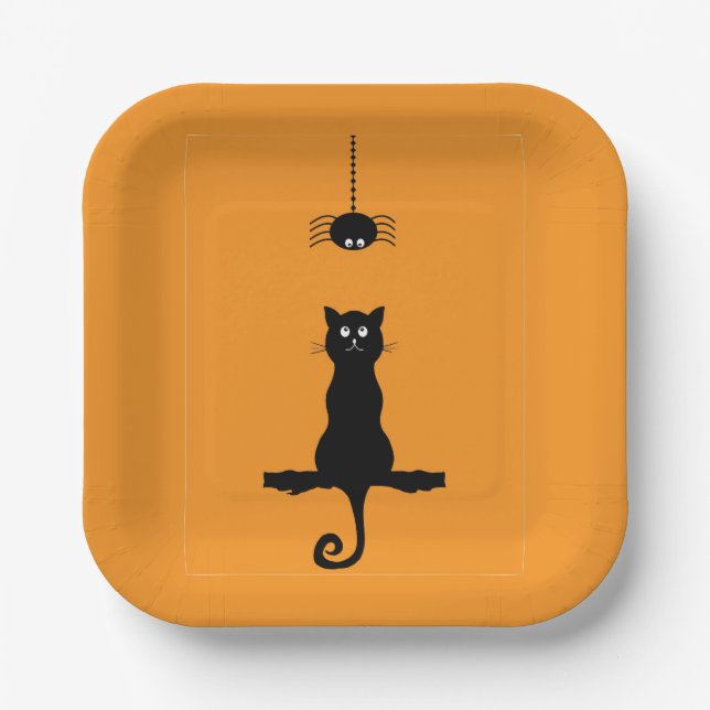 Little Black Cat and Spider Halloween  Paper Plate (Front)
