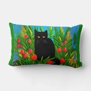 Little Black Cat in a Tulip Garden Lumbar Pillow