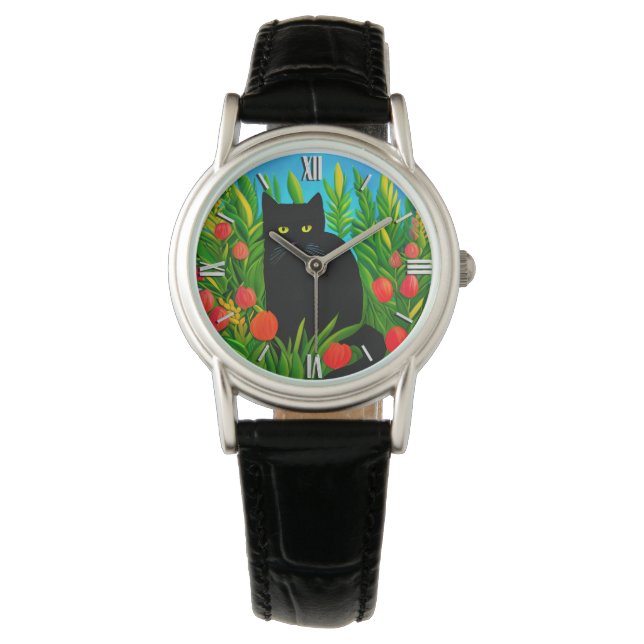 Little Black Cat in a Tulip Garden Watch (Front)