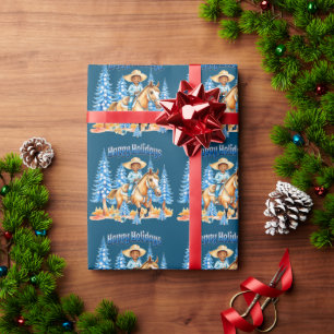 Little Black Cowboy On Horse Happy Holidays Wrapping Paper