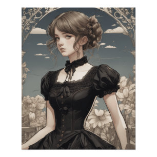 Little Black Dress Fantasy AI Art - Vintage Anime Poster