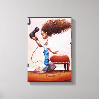 Little Black Girl Blow Drying her hair Canvas Print