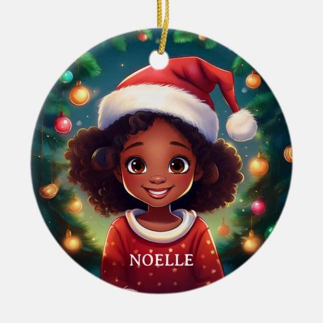 Little Black Girl Christmas Santa Hat Ceramic Ornament (Front)