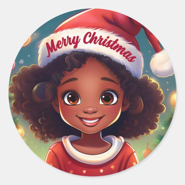 Little Black Wearing Santa Hat Classic Round Sticker (Front)