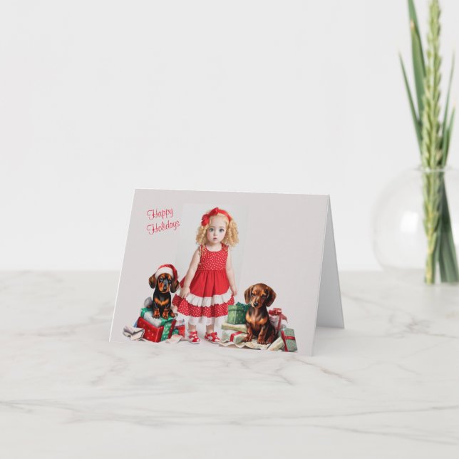 Little Blonde Girl with Dachshund Christmas Card (Front)