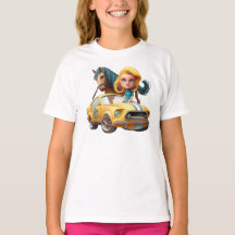 Little Blonde Girl With Mustang Car Pony Horse