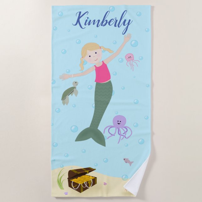 Little Blonde Mermaid Personalized Beach Towel (Front)
