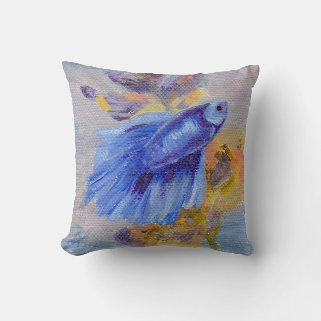Little Blue Betta Fish Throw Pillow (Front)