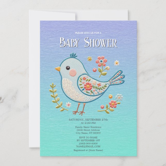 Little Blue Bird Floral Baby Shower Invitation (Front)