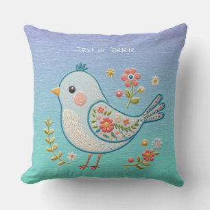 Little Blue Bird Floral Throw Pillow