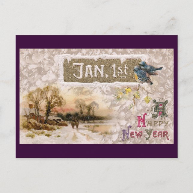 Little Blue Birds Tweet the New Year Holiday Postcard (Front)