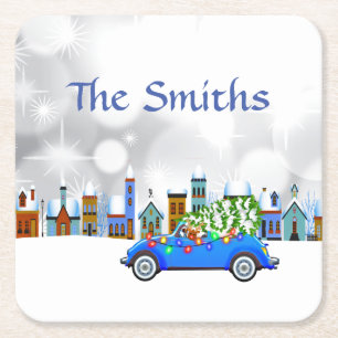 Little Blue Car & Tree Christmas Custom Square Paper Coaster