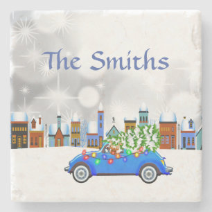 Little Blue Car & Tree Christmas Custom Stone Coaster