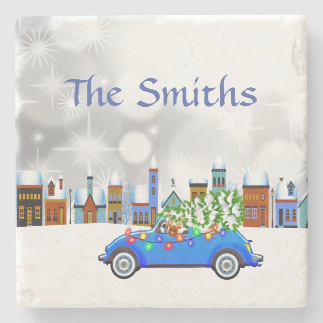 Little Blue Car & Tree Christmas Custom Stone Coaster (Front)