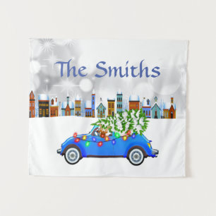 Little Blue Car & Tree Christmas Custom Tapestry
