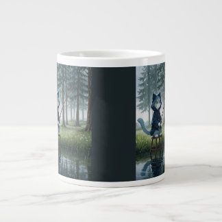 Little Blue Cat Fisherman Calm Lake Watercolor Large Coffee Mug