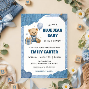 Little Blue Jean Baby Shower Teddy Bear Denim Invitation
