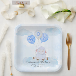 Little Blue Lamb In a Hot Air Balloon Paper Plate