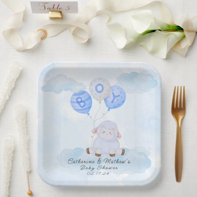 Little Blue Lamb In a Hot Air Balloon Paper Plate (Wedding)
