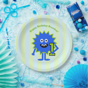 Little Blue Monster Boy Cute 1st Birthday Paper Paper Plate