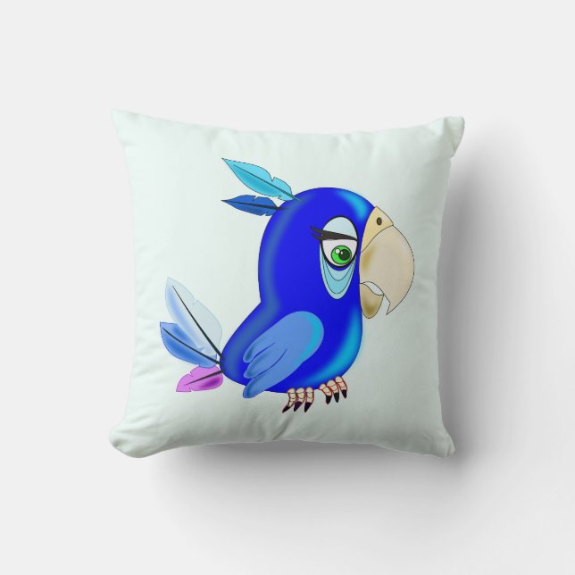 Little Blue Parrot Throw Pillow (Front)