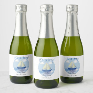 Little Blue Sail Boat Boys Baby Shower Sparkling Wine Label