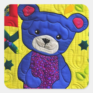 Little Blue Teddy Bear Quilt Like Design Square Sticker