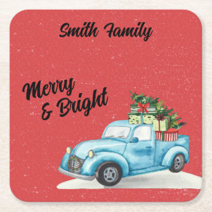 Little Blue Truck Christmas Tree Square Paper Coaster