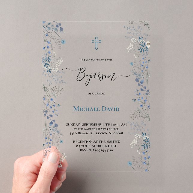  little blue watercolor flowers Baptism Acrylic Invitations (Insitu (Handheld))