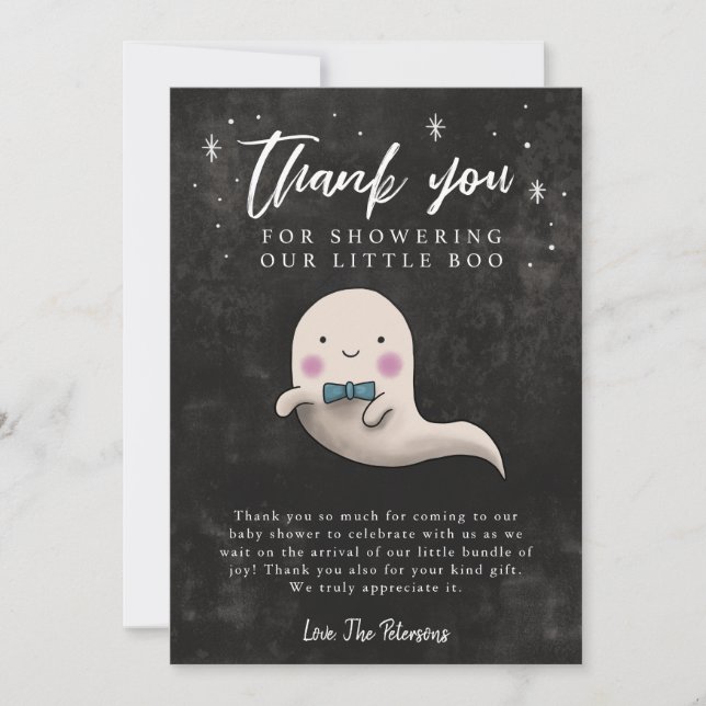 Little Boo Baby Shower Boy Ghost Thank You Card (Front)