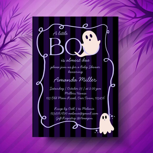 Little boo cute ghost Halloween baby shower Invitation (Little boo cute ghost retro black stripes Halloween baby shower Invitation cards template)